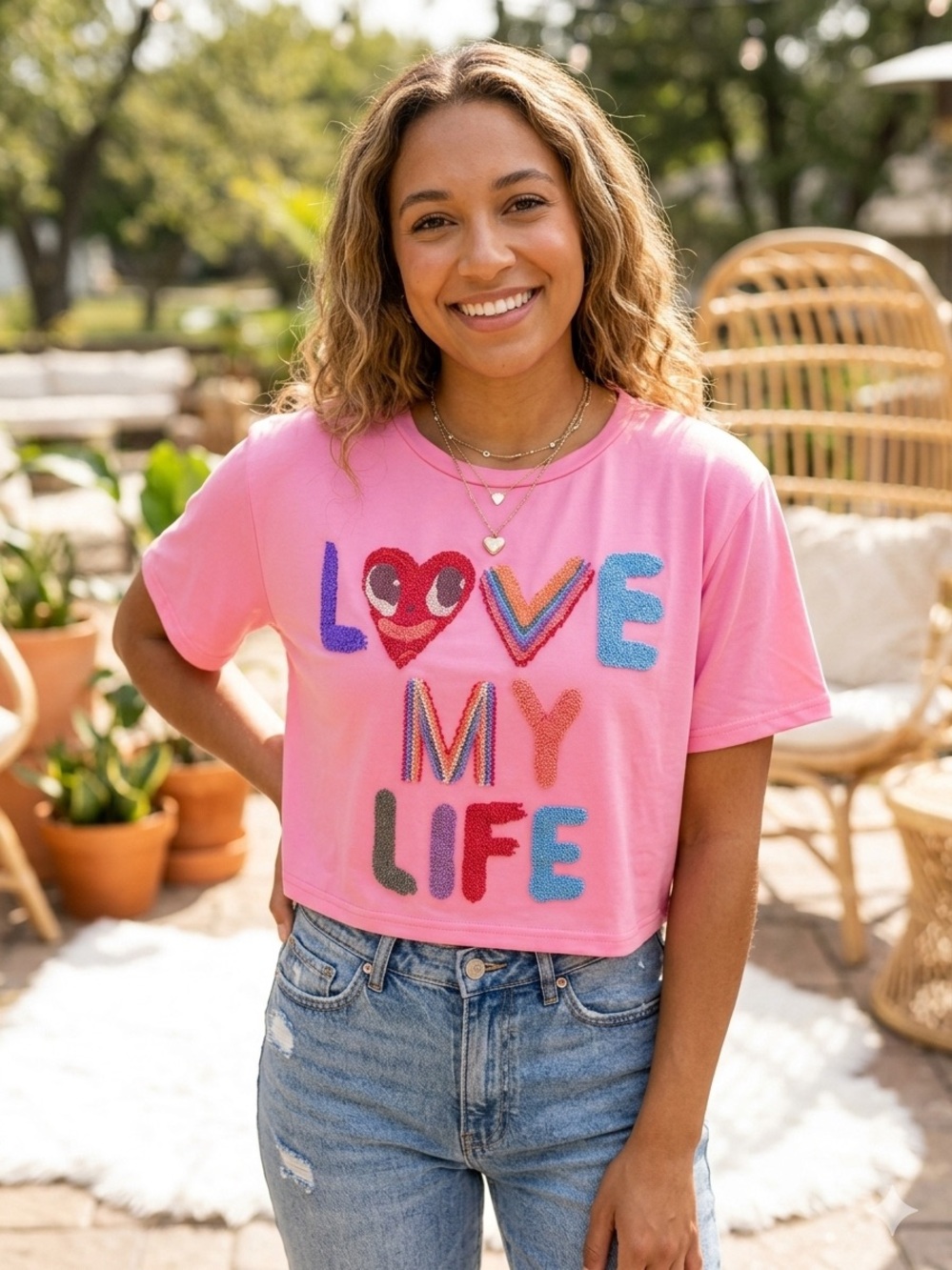 TeenBell Pink Sequin "LOVE MY LIFE" Graphic Tee size Large